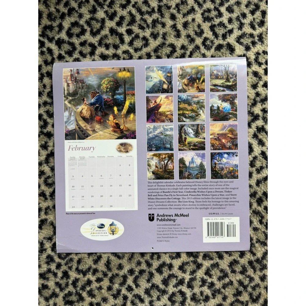 2013 Disney Dreams Thomas Kinkade Wall Calendar Lion King Cinderella Bambi VTG